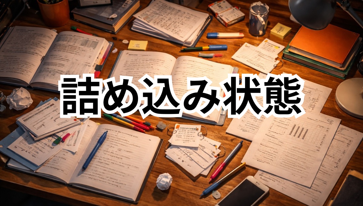 テスト前に詰め込み勉強している中学生の机