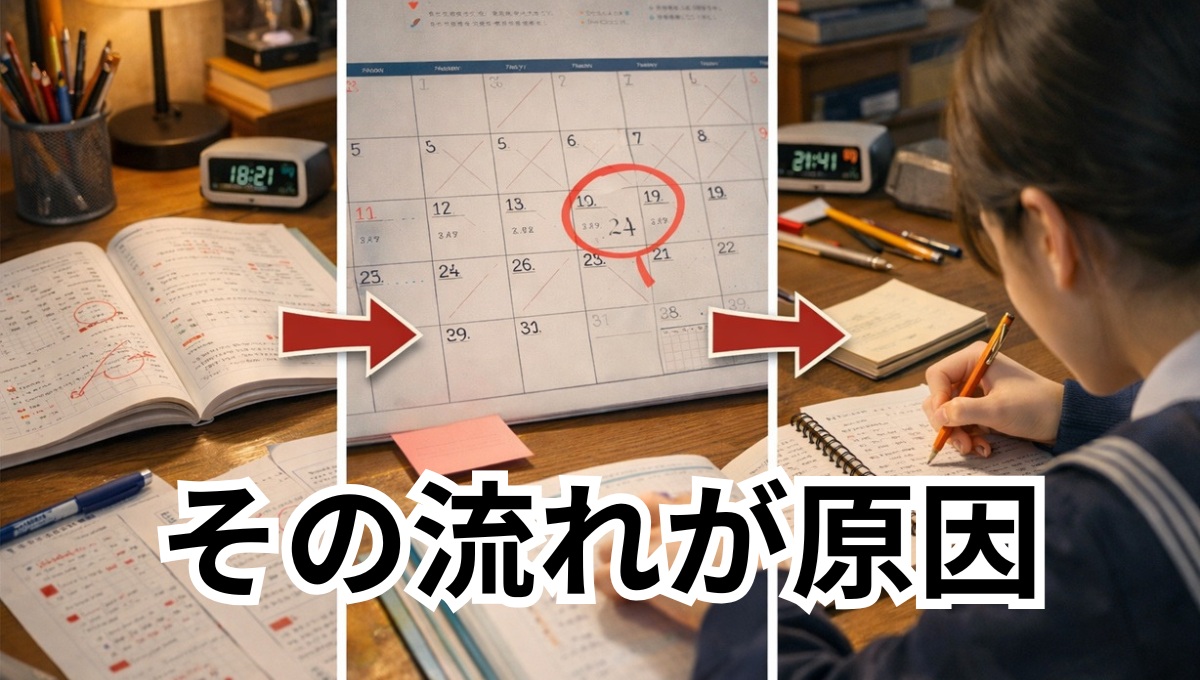 ワーク1周から直前詰め込みまでの流れを表した学習風景
