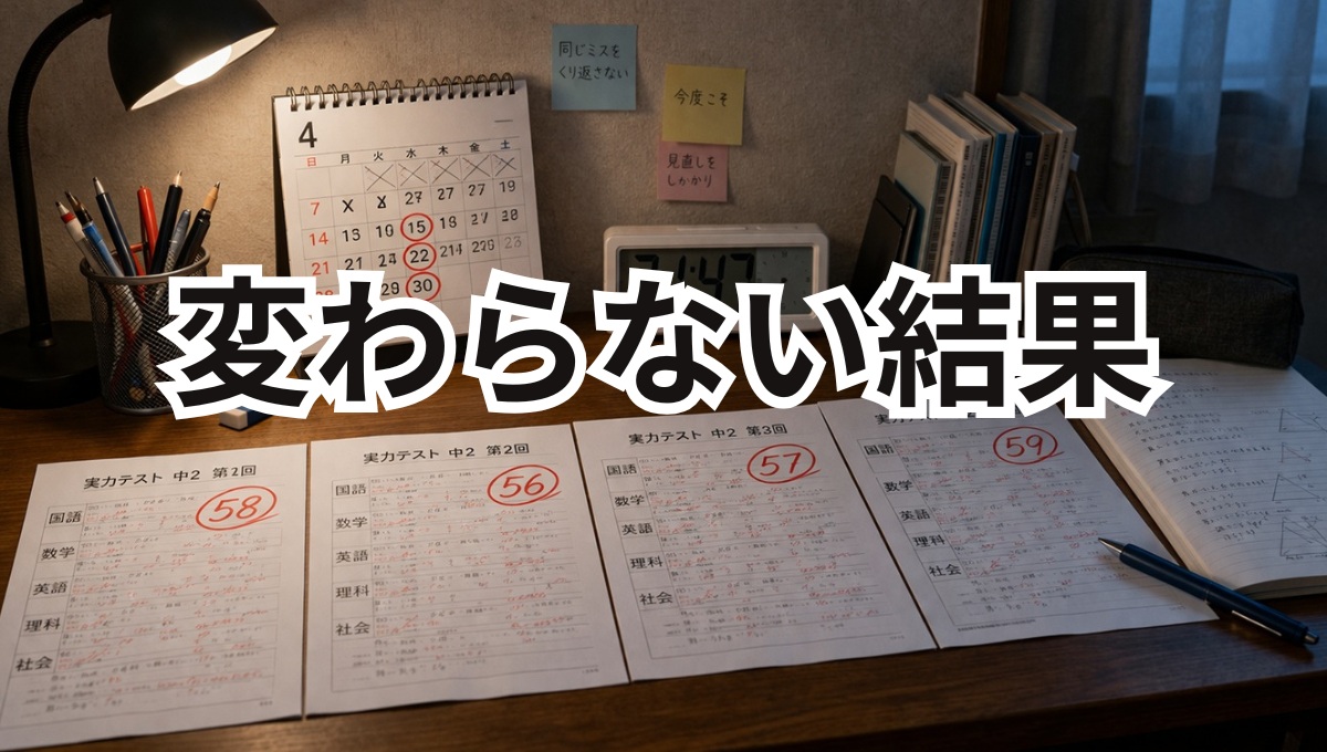 同じ点数のテストが並び時間だけが過ぎている学習状態