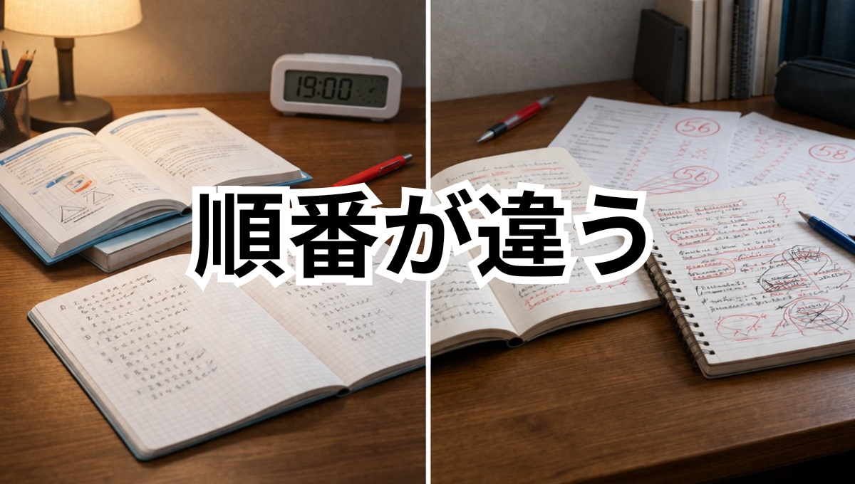 正しい学習順序と直前詰め込みの違いを表した比較イメージ