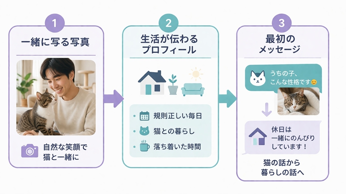 猫好き婚活で使える写真とプロフィールと初回メッセージの作り方を示す図