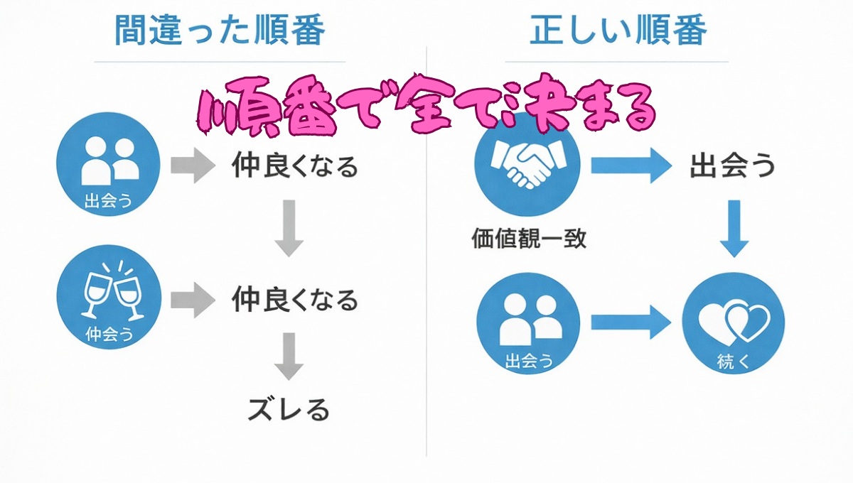 婚活の順番ミスと正しい順番の違いを示した図