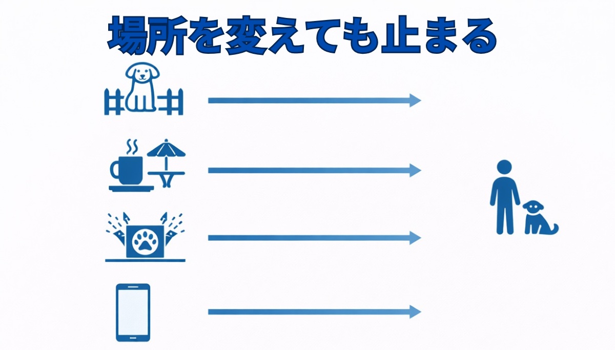 犬好きが出会う場所を変えても止まる理由を示すイメージ図