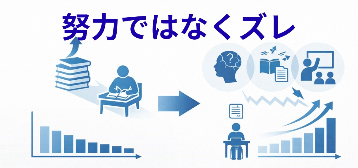 おとなしい中学生の成績が上がらない原因は努力不足ではなく勉強のズレであることを示す図
