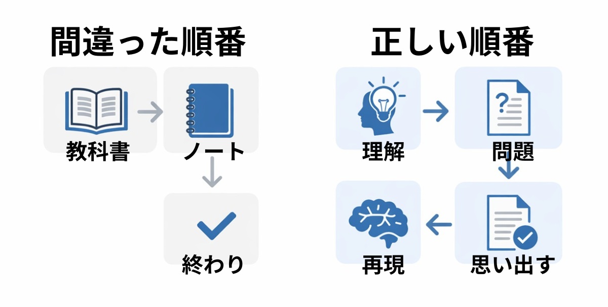 社会の勉強における間違った順番と正しい順番の比較図
