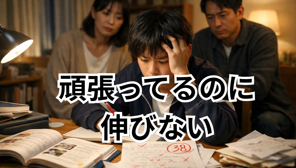 中学生が英語を勉強しているのに成績が伸びず悩んでいる様子