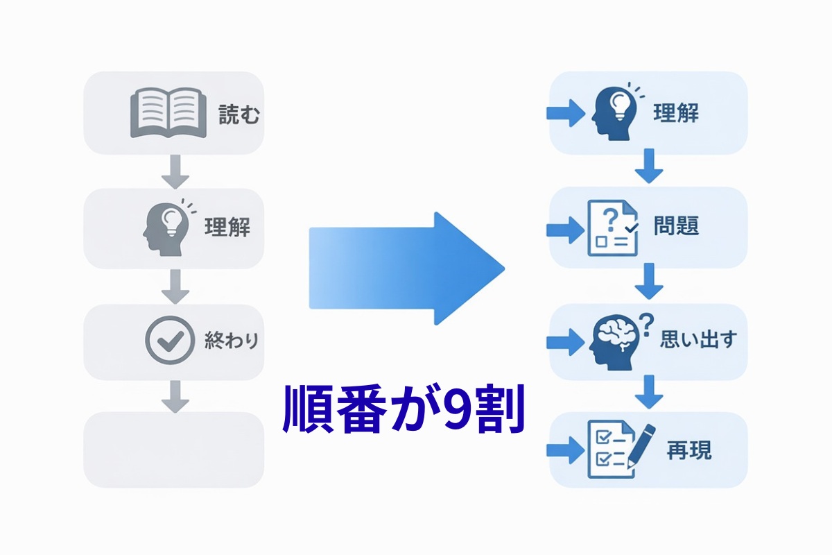 数学の勉強の正しい順番と間違った順番を比較した図