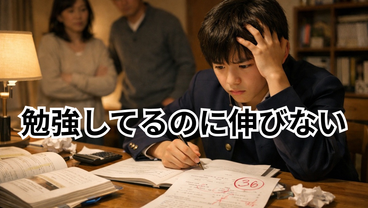 中学生が勉強しているのに成績が伸びず悩んでいる様子