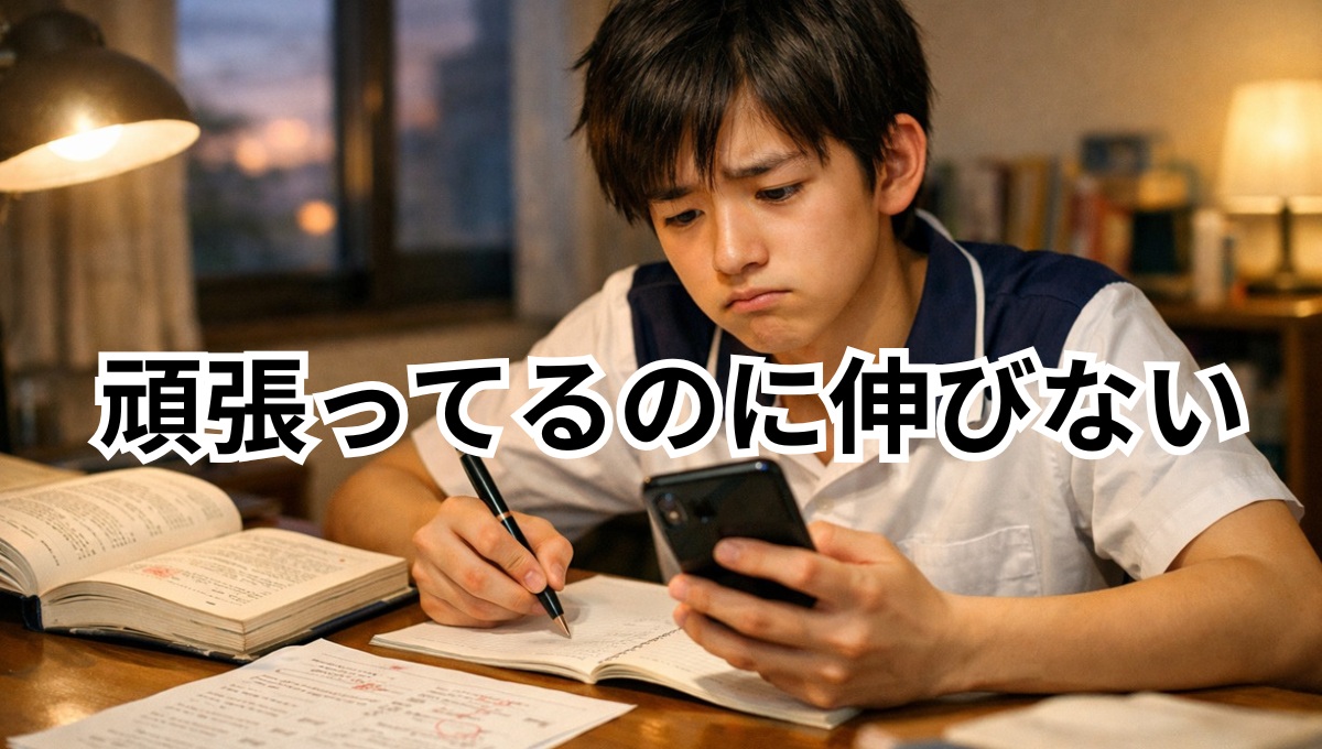 中学生がスマホを使って勉強しているが成績が伸びず悩んでいる様子