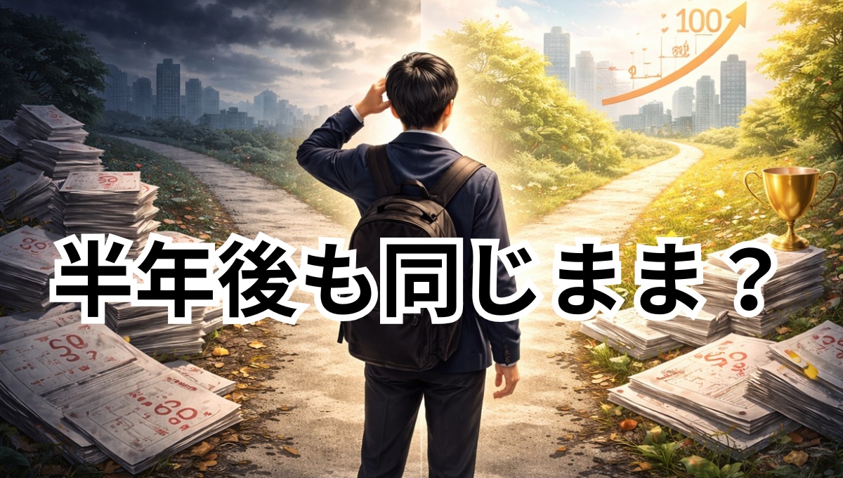 勉強方法を変えるかどうかで成績が分かれる分岐イメージ
