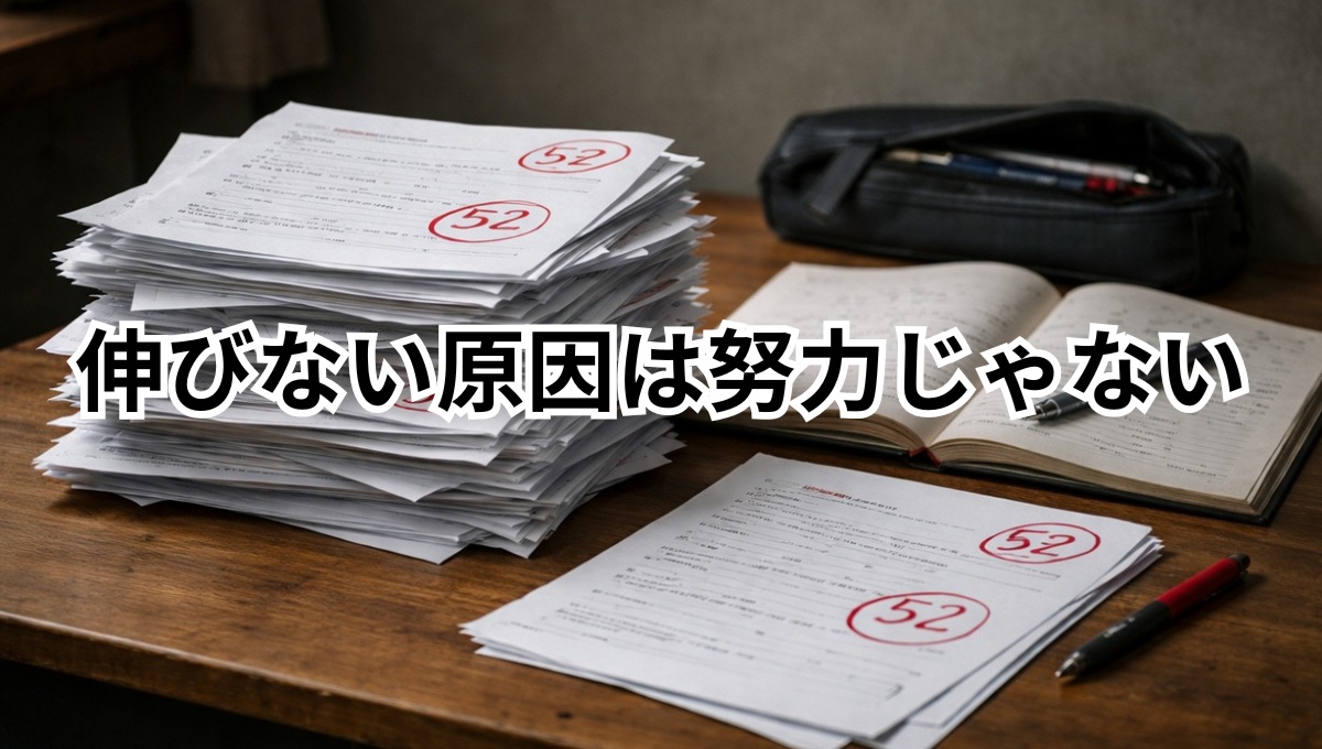 中学生が英語を勉強しているのに成績が伸びず悩んでいる様子