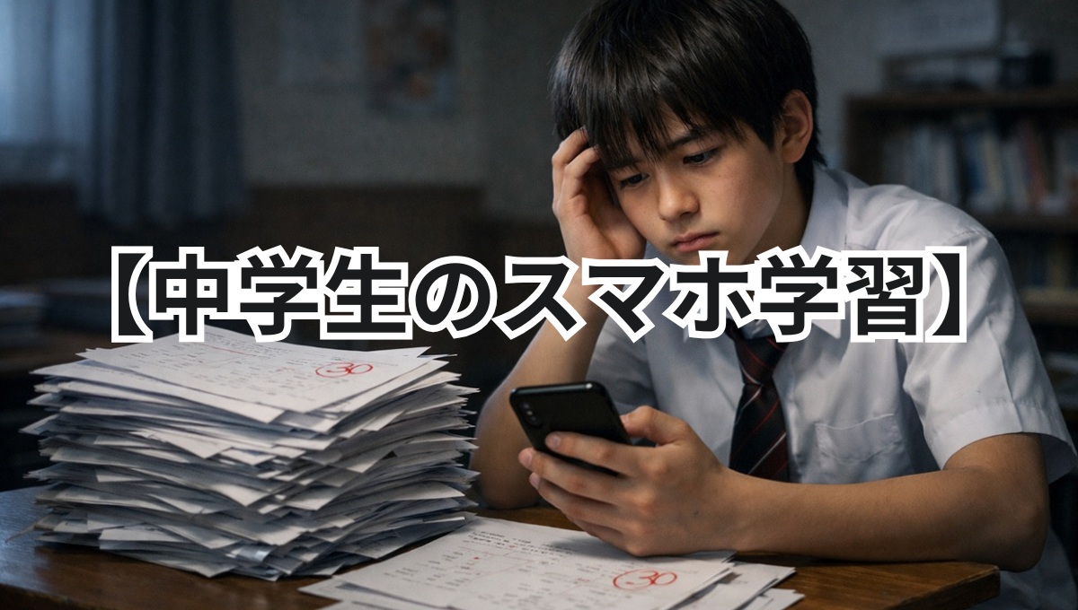 中学生がスマホで勉強しているのに成績が伸びず悩んでいる様子