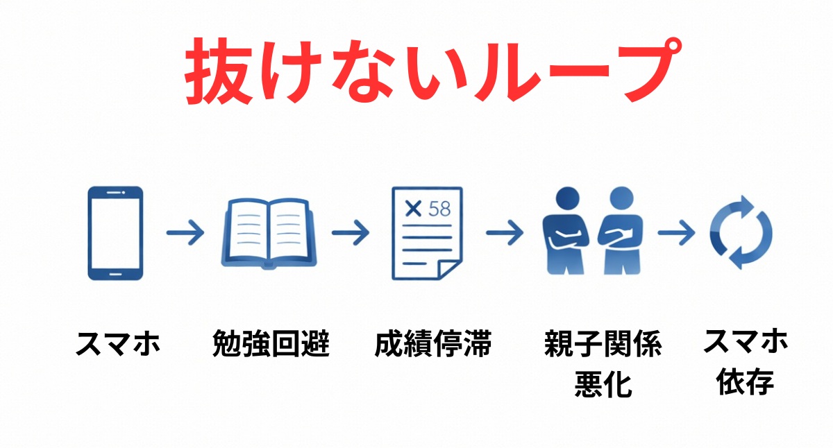 スマホ使用から成績低下までの悪循環を示した図