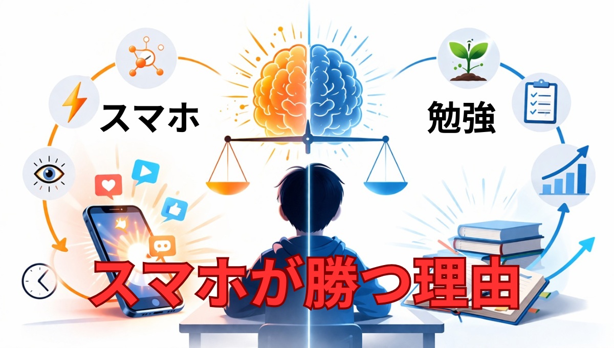 スマホと勉強の報酬構造の違いを示した図