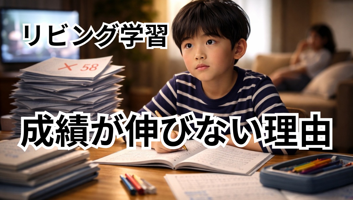 リビング学習で頑張っているのに成績が伸びず悩む小学生の様子