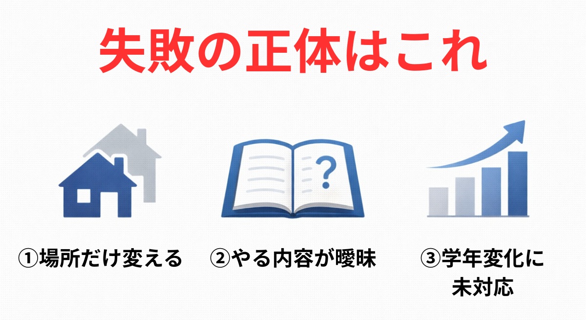 リビング学習で失敗する3つの原因を示したシンプルな図