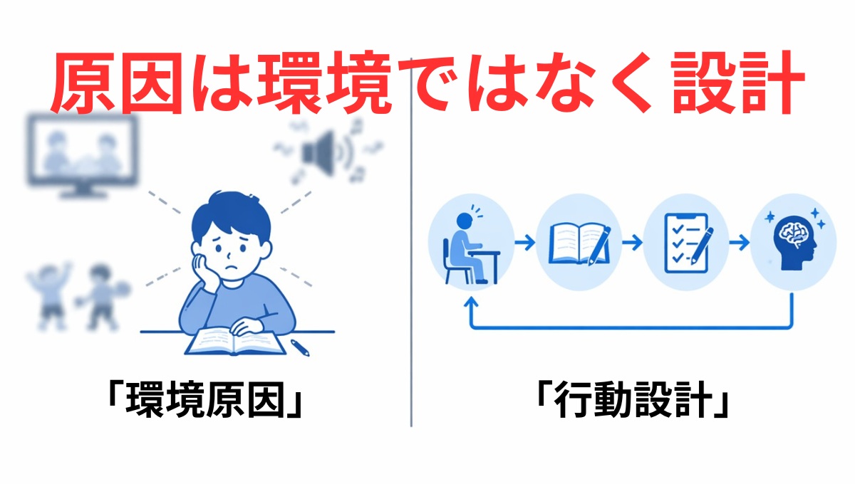 集中できない原因は環境ではなく行動設計であることを示す図