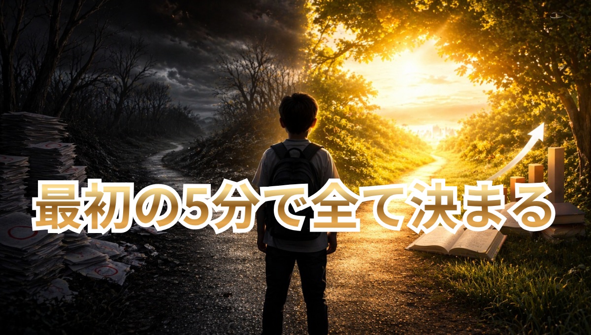 勉強の結果が分かれる分岐点に立つ小学生のイメージ