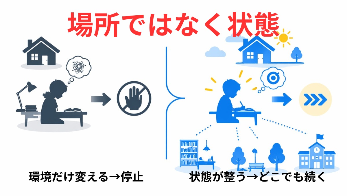 リビング学習と勉強部屋の違いよりも学習状態が重要であることを示す図