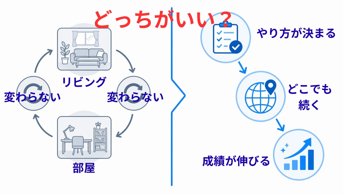 リビング学習と勉強部屋の違いではなく学習設計が結果を分ける構造図