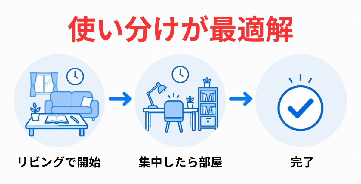 リビングと勉強部屋を使い分ける家庭学習の流れ