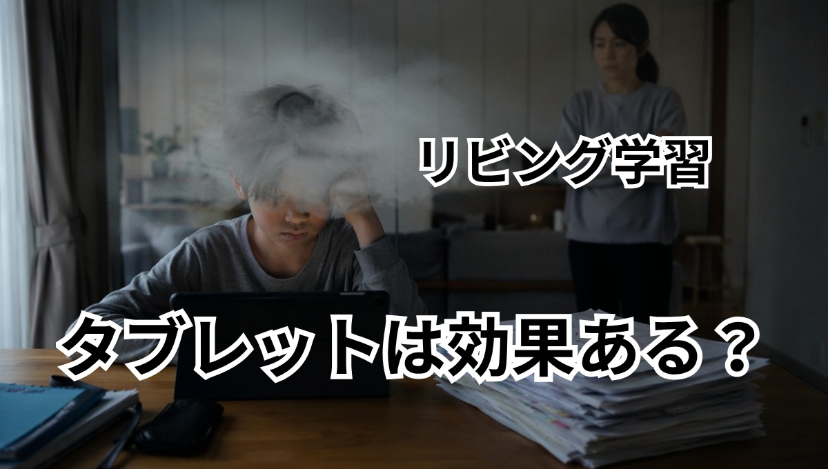 小学生がリビングでタブレット学習しているが成績が伸びず停滞している様子