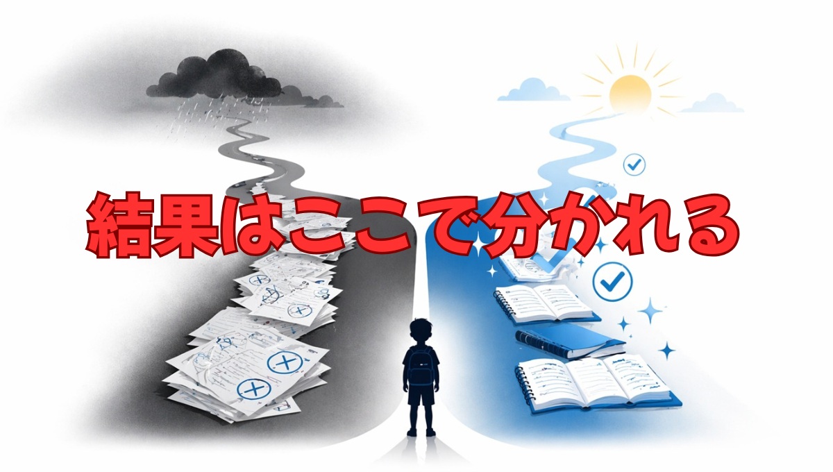 成績が上がる家庭と上がらない家庭の違いを示した分岐イメージ
