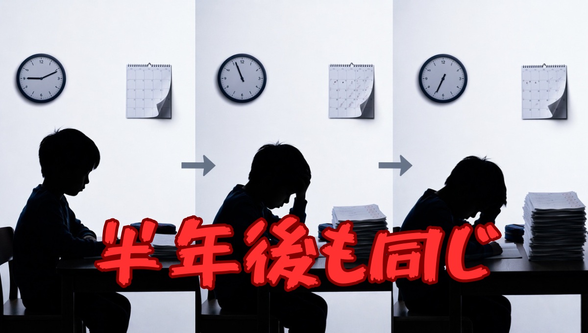 勉強しているのに成績が変わらず時間だけ過ぎていく様子