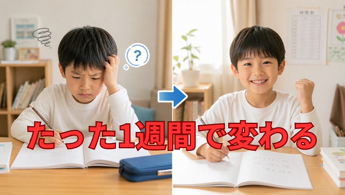 文章問題を克服して自信を持って勉強する小学生の様子