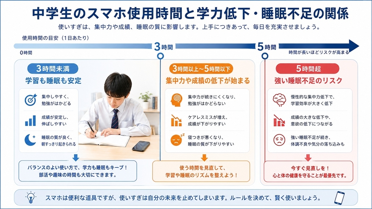 中学生のスマホ利用時間と成績低下・睡眠不足リスクの関係を示すイメージ図