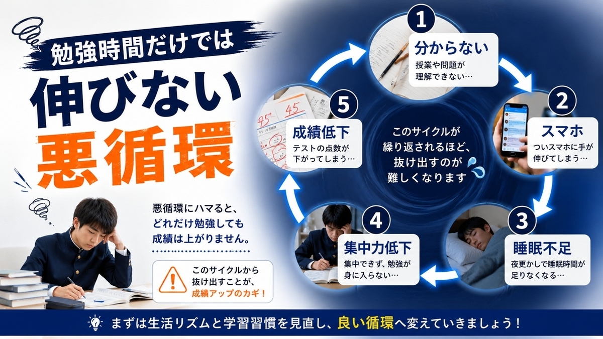 スマホと睡眠不足による中学生の勉強悪循環図