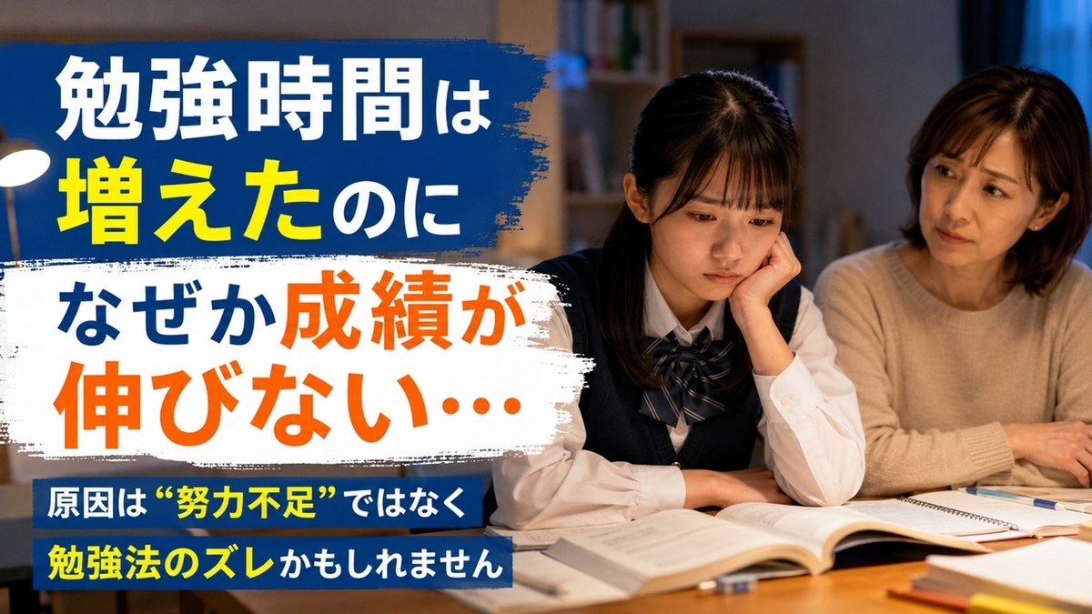 勉強時間が長いのに成績が伸びず悩む中学生と保護者