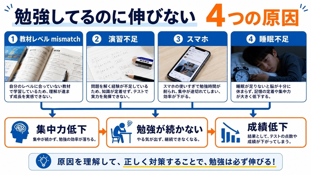 中学生が勉強しても伸びない原因を整理した図解