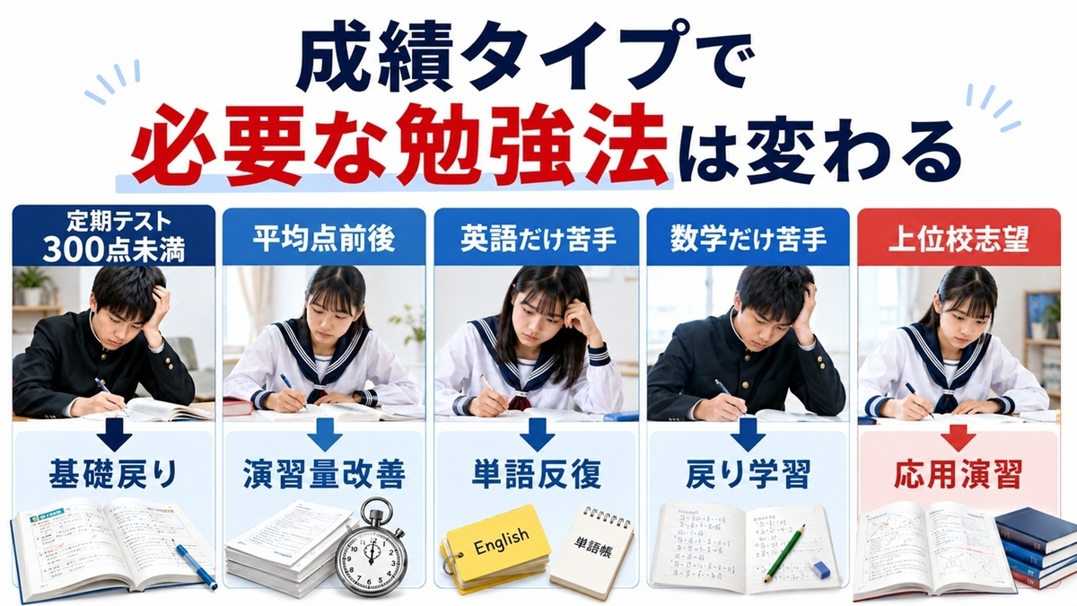 中学生の成績タイプ別に必要な勉強法を整理した図
