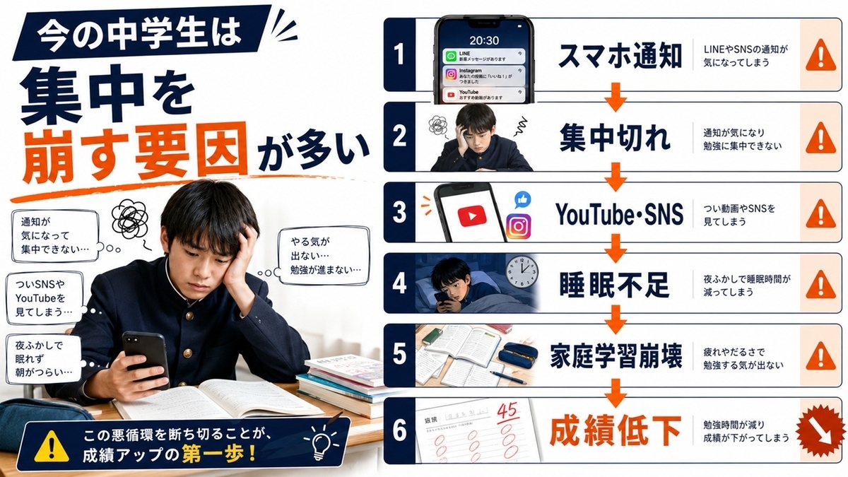 スマホやSNSで集中が切れる中学生の学習悪循環
