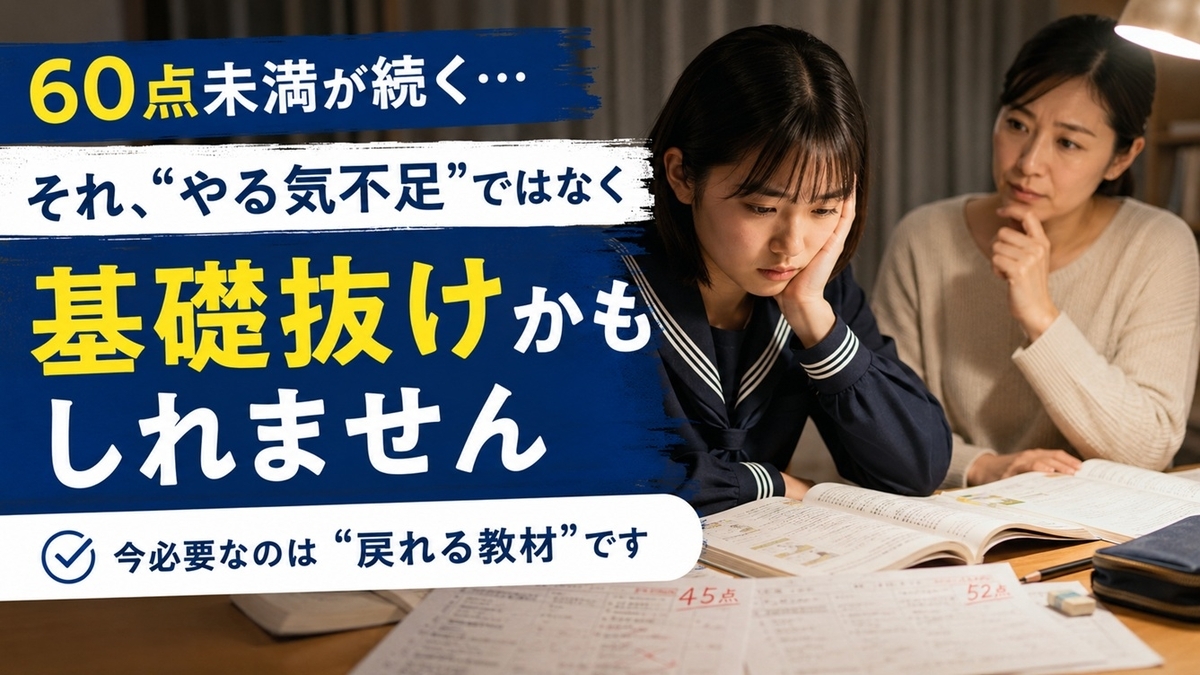 60点未満が続く中学生と基礎抜け問題を表現したイメージ
