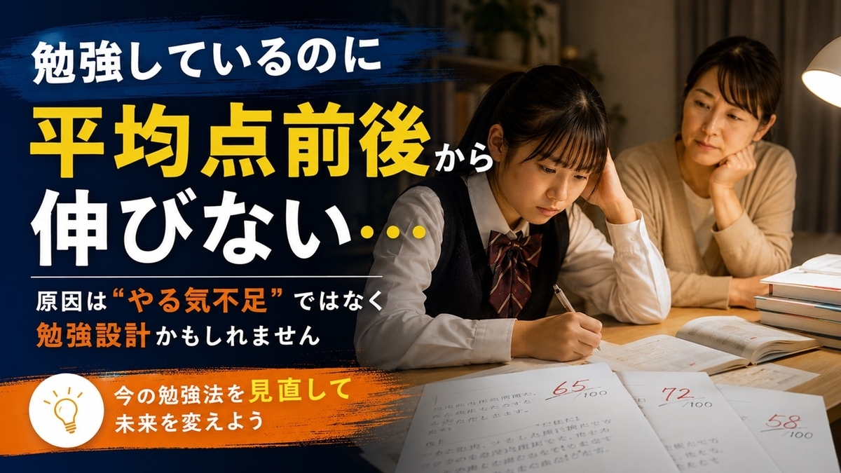 平均点前後で伸び悩む中学生と保護者のイメージ