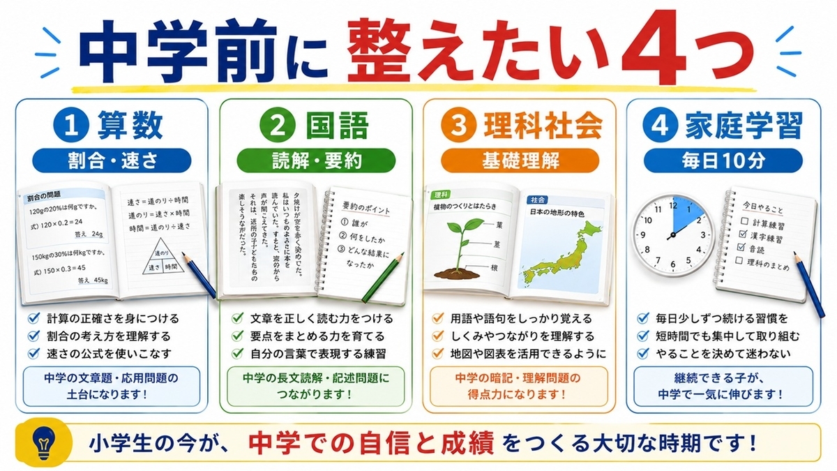 中学前に整えたい主要教科と家庭学習の一覧