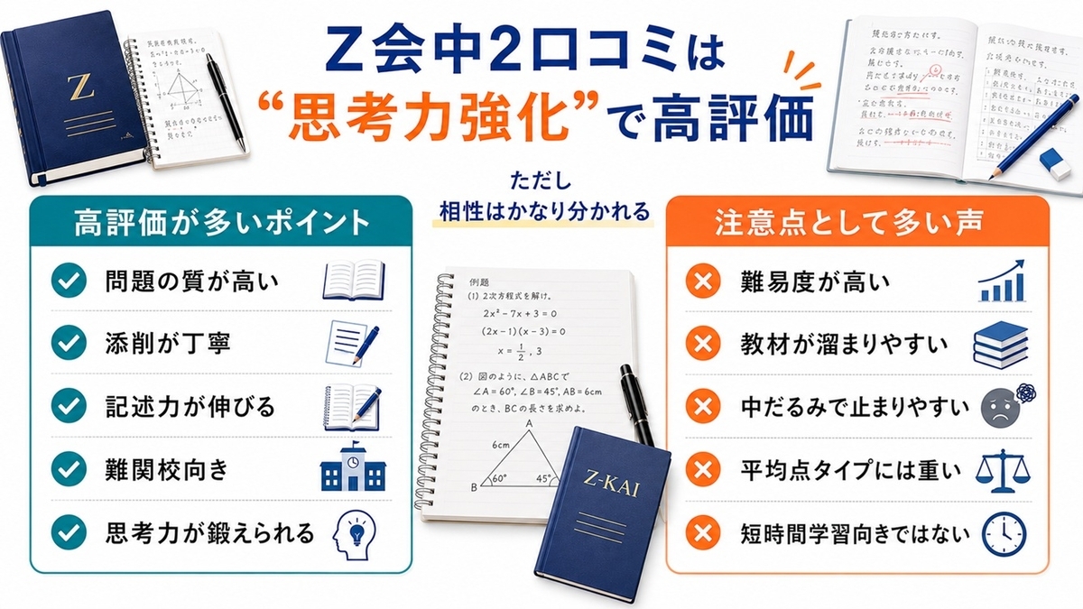 Z会中学2年生の口コミ・評判【2026年版】｜難関高校志望・上位層に強い