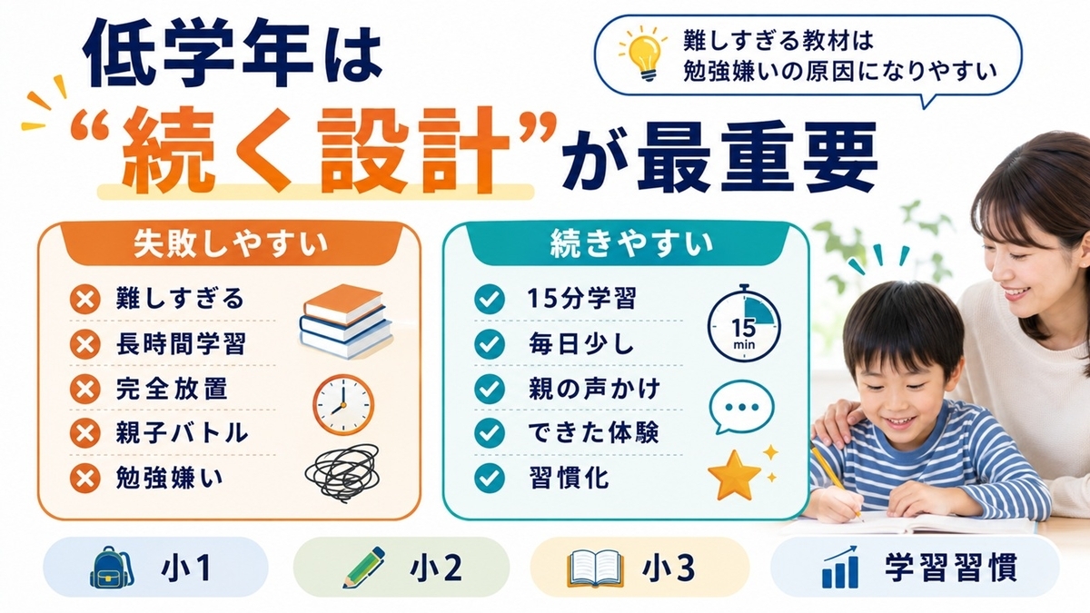 低学年で勉強が続く家庭と失敗しやすい家庭の違いを示す比較図