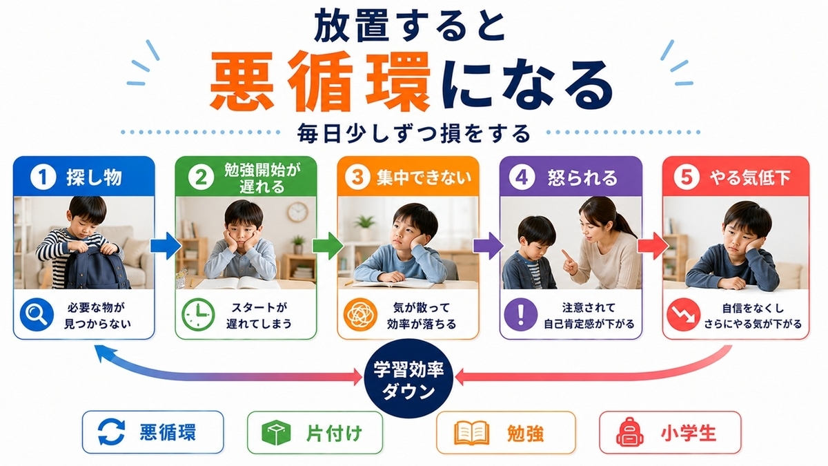 探し物と複雑な収納動作が勉強開始を遅らせる流れを示した図