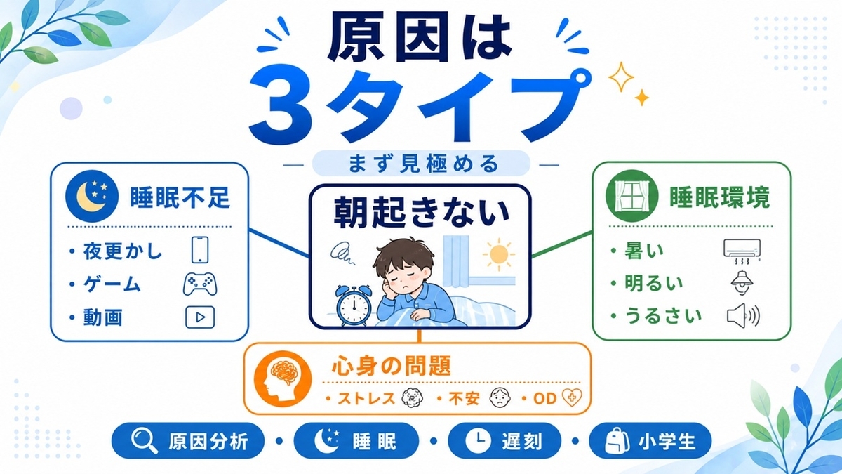 小学生が朝起きない原因を睡眠不足・睡眠環境・心身の不調の3タイプに分けた図