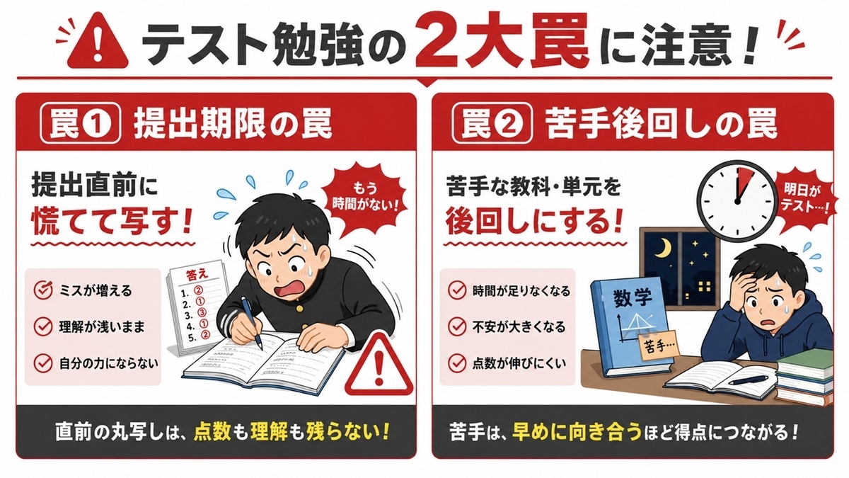 中学生の定期テスト勉強で陥りやすい2つの罠（提出期限に追われる・苦手教科の後回し）