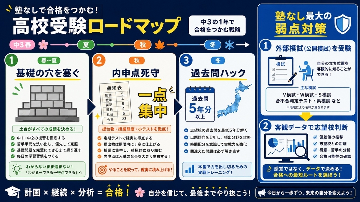 塾なし中学生の高校受験年間ロードマップ：基礎固め・内申点死守・過去問ハックと外部模試の活用手順