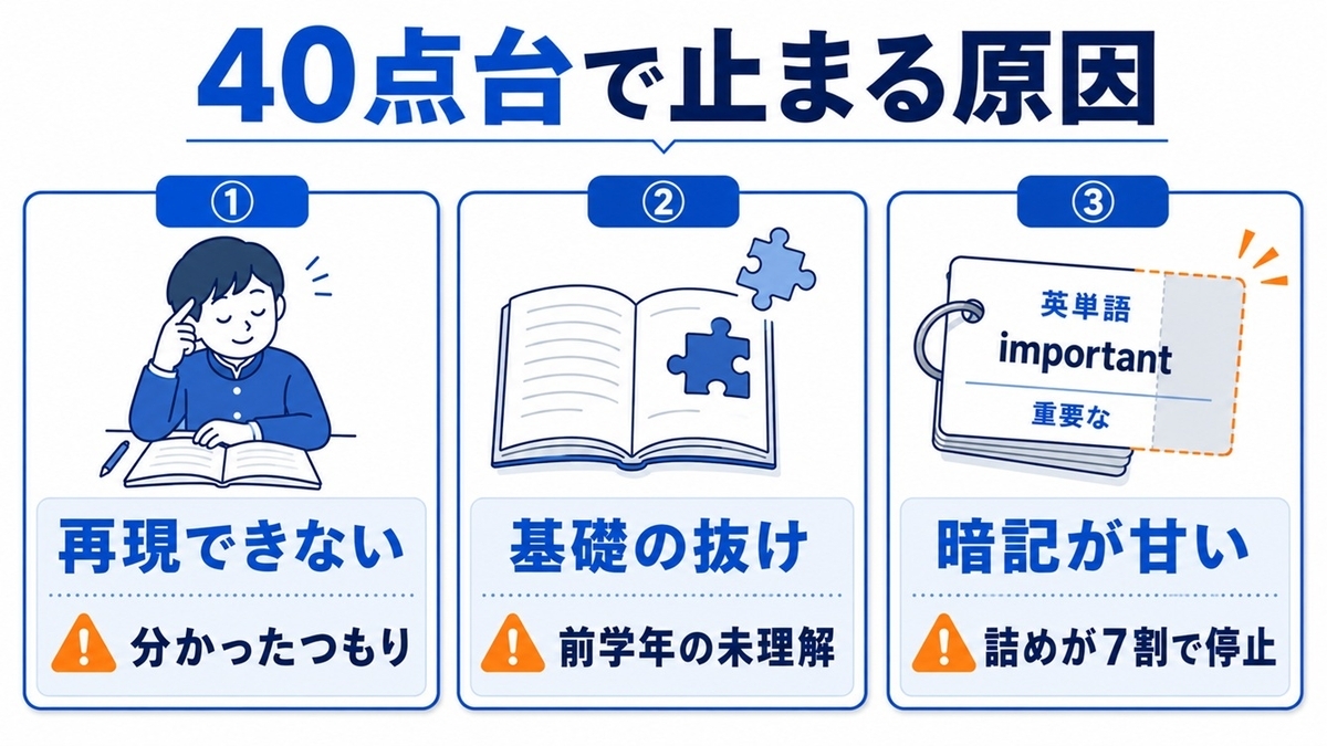 中学生の定期テストが40点台から上がらない3つの原因