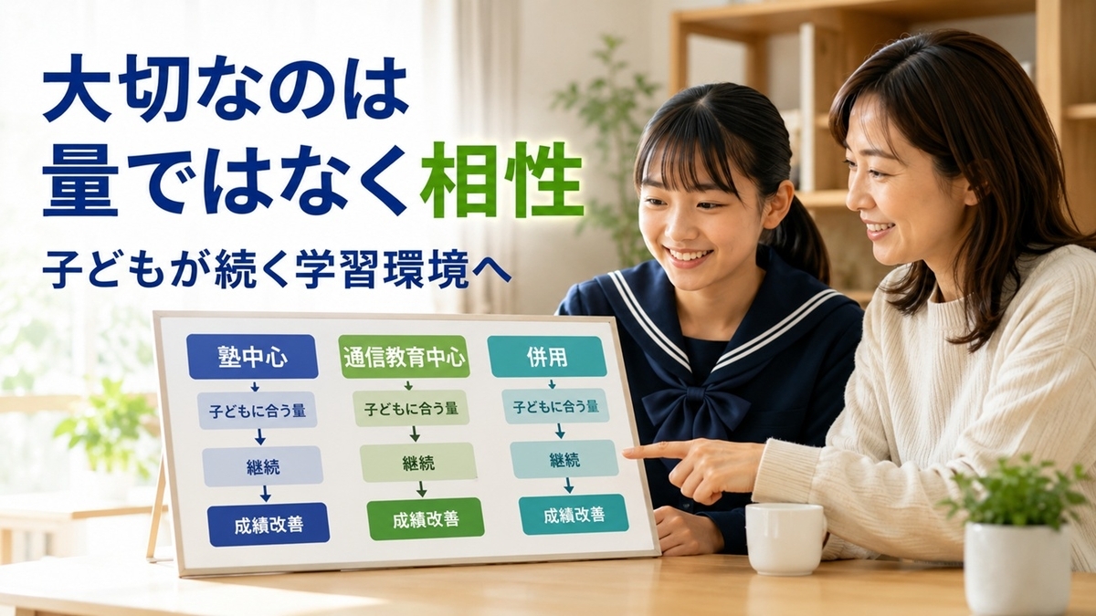 中学生に合う塾と通信教育の学習環境を親子で考える様子