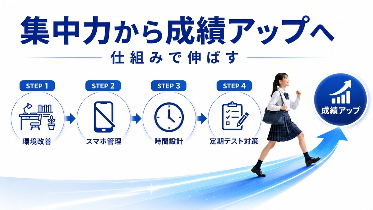 集中力改善から定期テスト成績向上までの流れ