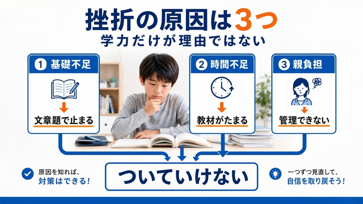 Z会についていけない原因を学力不足と家庭の運用負荷に分けて確認する図