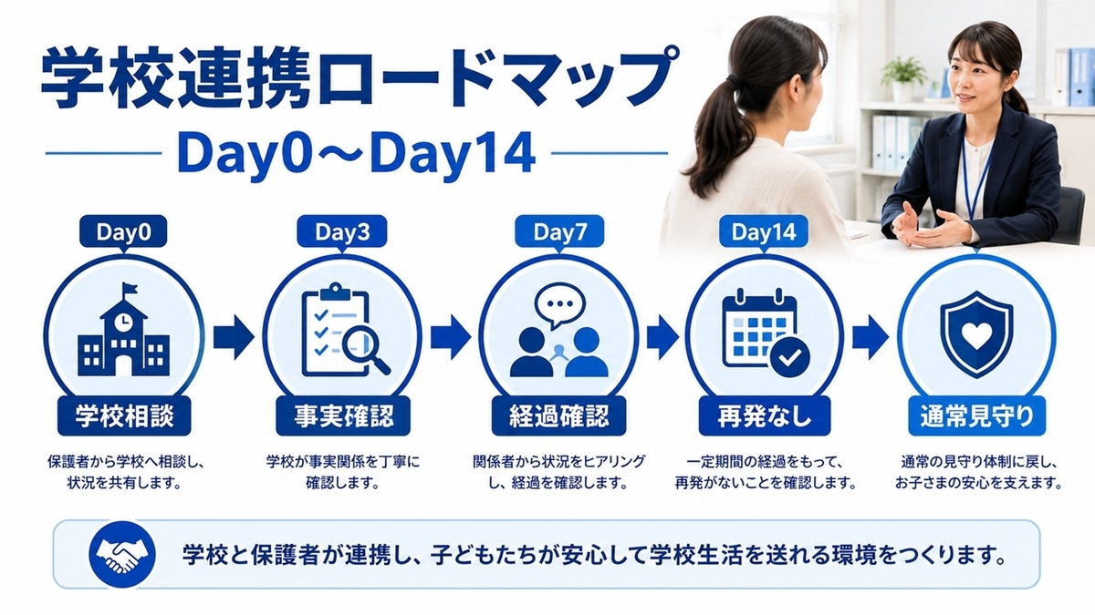 小学生の友達トラブルで学校へ相談し対応を確認する流れ