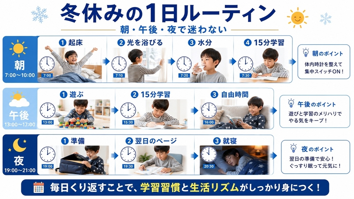 冬休みの宿題を朝午後夜に分けた1日の流れ